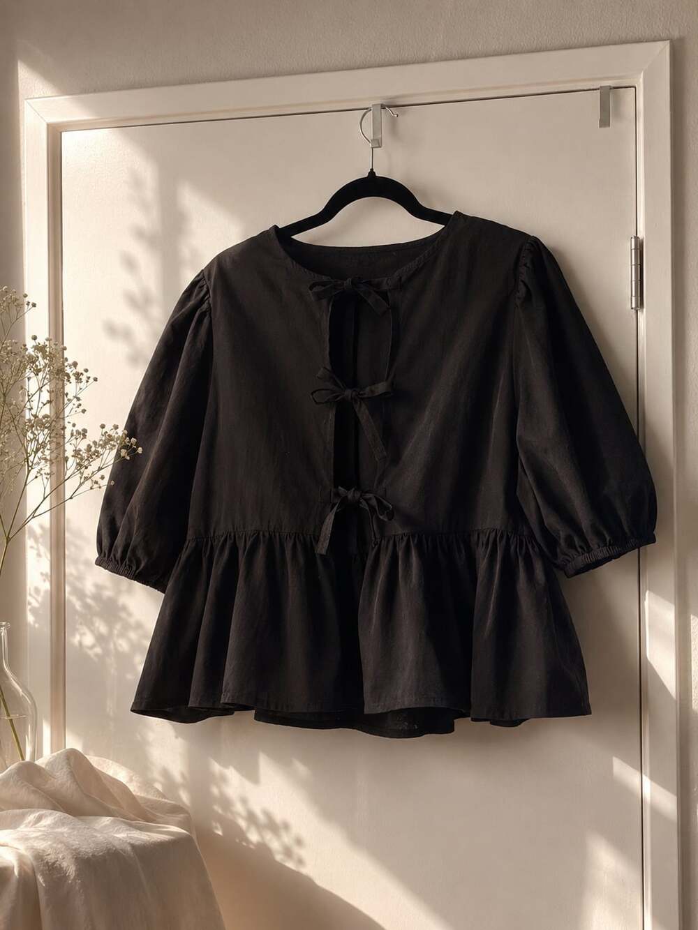 Cotton Poplin Peplum Tie Blouse